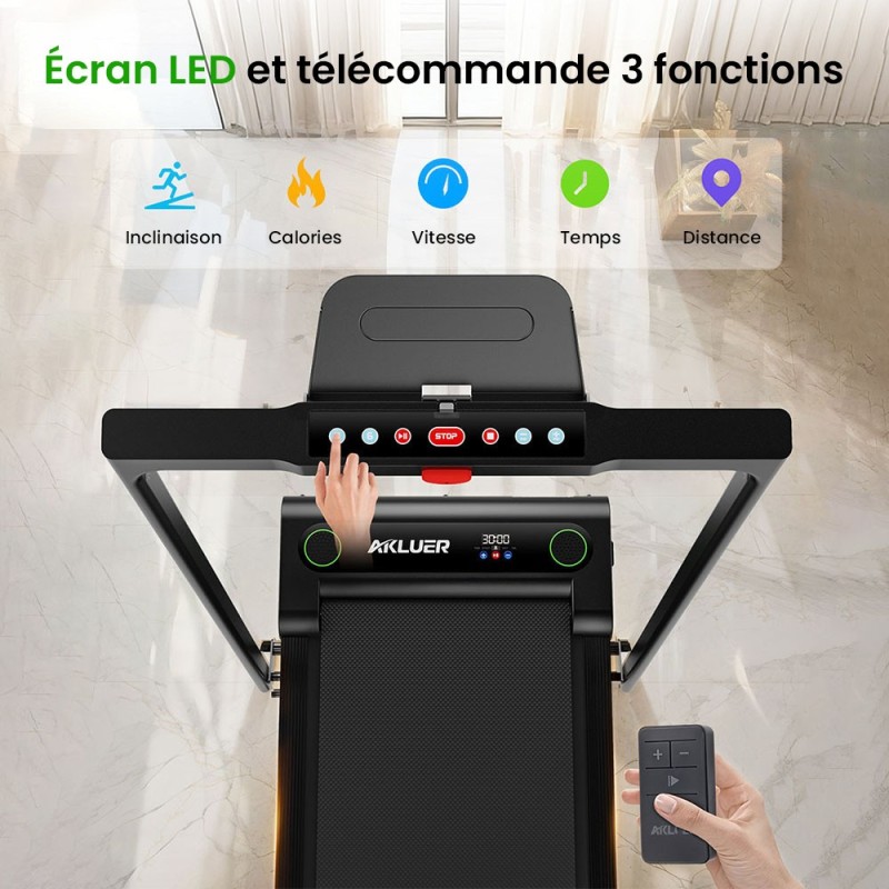 Akluer 480L-B Tapis de Marche Incliné Pliable avec Poignée, Moteur 2.5HP Silencieux, Écran LED, 150kg