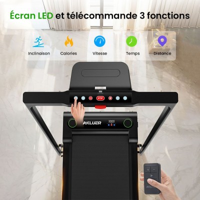 Akluer 480L-B Tapis de Marche Incliné Pliable avec Poignée, Moteur 2.5HP Silencieux, Écran LED, 150kg
