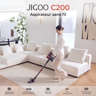 JIGOO C200 Aspirateur sans fil, aspiration de 23 KPa, autonomie de 40 min, 2 modes de fonctionnement