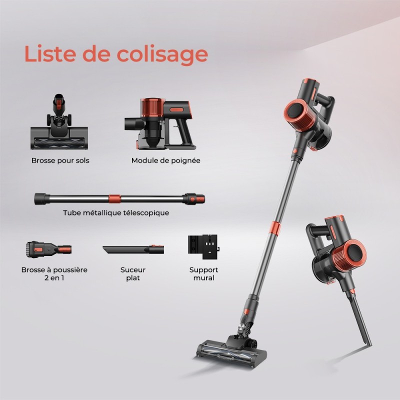 JIGOO C200 Aspirateur sans fil, aspiration de 23 KPa, autonomie de 40 min, 2 modes de fonctionnement