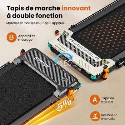 Akluer 520A-B Tapis roulant pliable 2-en-1 – Marche/course, masseur de pieds, moteur 2,5 CV silencieux, 4-6,2 MPH