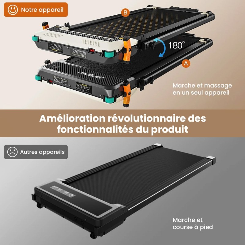 Akluer 520A-B Tapis roulant pliable 2-en-1 – Marche/course, masseur de pieds, moteur 2,5 CV silencieux, 4-6,2 MPH
