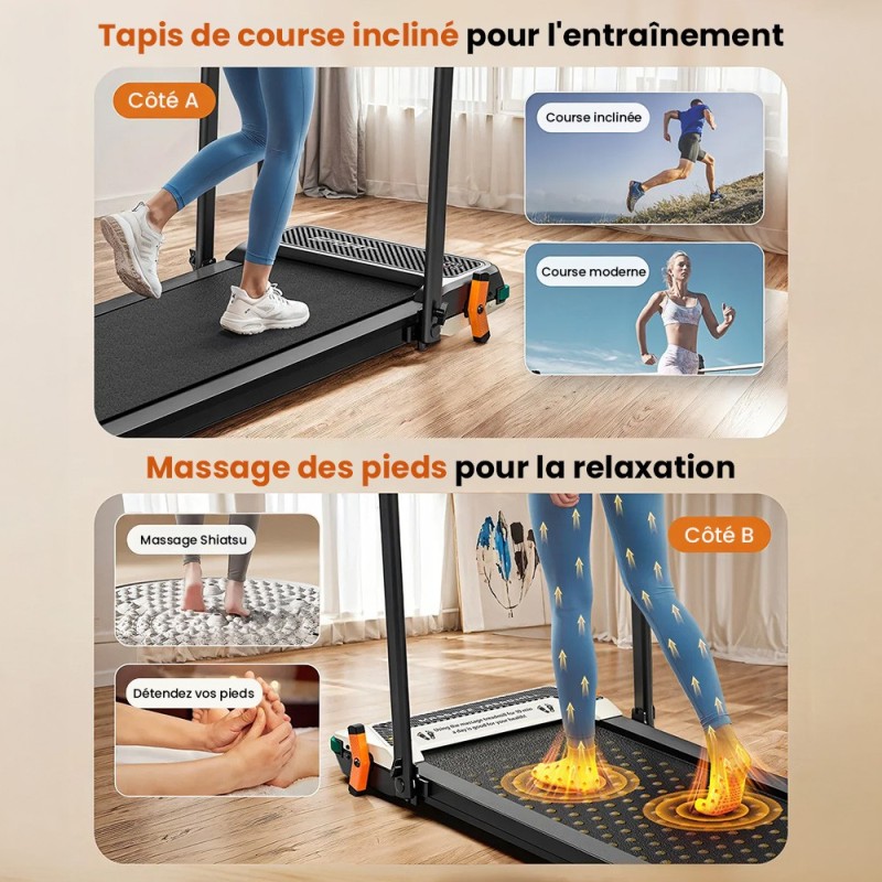 Akluer 520A-B Tapis roulant pliable 2-en-1 – Marche/course, masseur de pieds, moteur 2,5 CV silencieux, 4-6,2 MPH