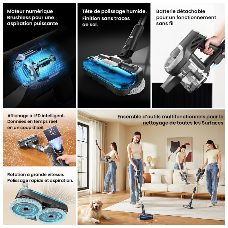 JIMMY JV9 Pro Aqua Aspirateur sans fil, puissance d'aspiration de 160 AW, autonomie jusqu'à 65 minutes