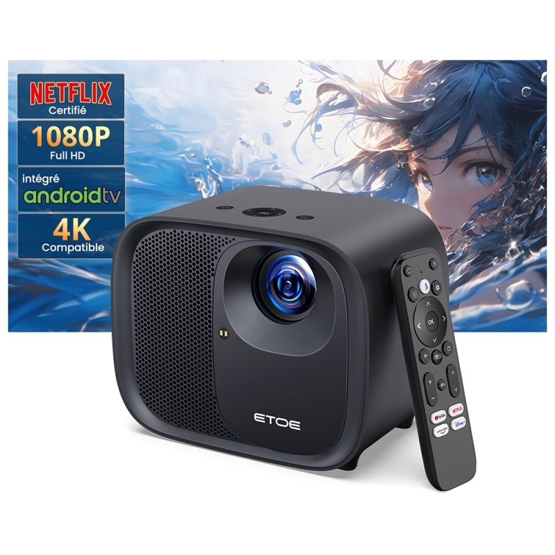 ETOE E3 Pro Vidéoprojecteur 1080P avec Google TV, 600 ANSI Lumens, Auto Focus, Projecteur Home Cinéma Portable