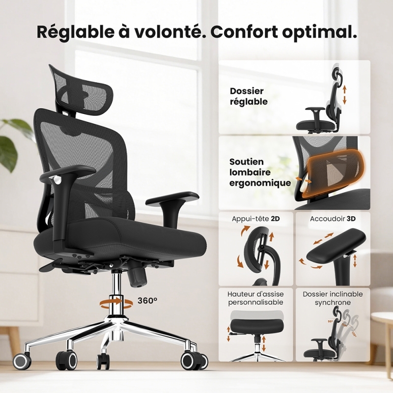 Chaise de Bureau Ergonomique ACGAM CG-5345M | Maille Respirante + Repose-pieds