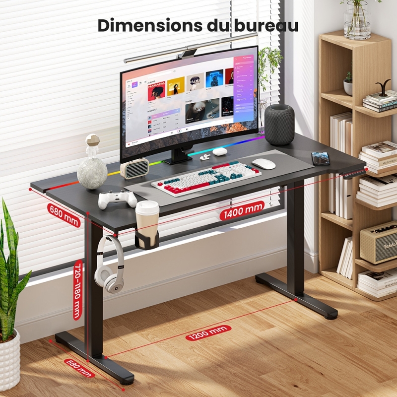 Bureau Assis-Debout Électrique ACGAM JSD5-A1-02 140 cm – Bureau Réglable en Hauteur avec LED et Mémoire