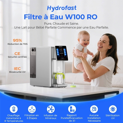 Hydrofast W100 Purificateur d'eau pour comptoir – 8 températures, filtration 6 étapes RO + UV, réservoir 4 L