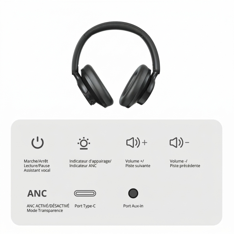 Tronsmart SOUNFII Q20S Casque ANC Hybride Noir | Audio Hi-Res, 60h