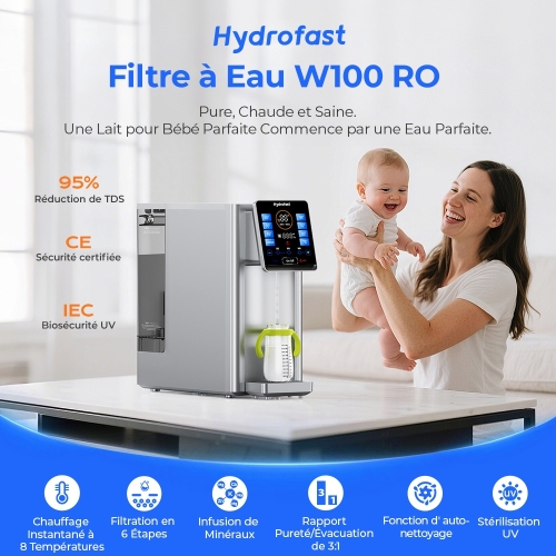 Hydrofast W100 Purificateur d'eau pour comptoir – 8 températures, filtration 6 étapes RO + UV, réservoir 4 L