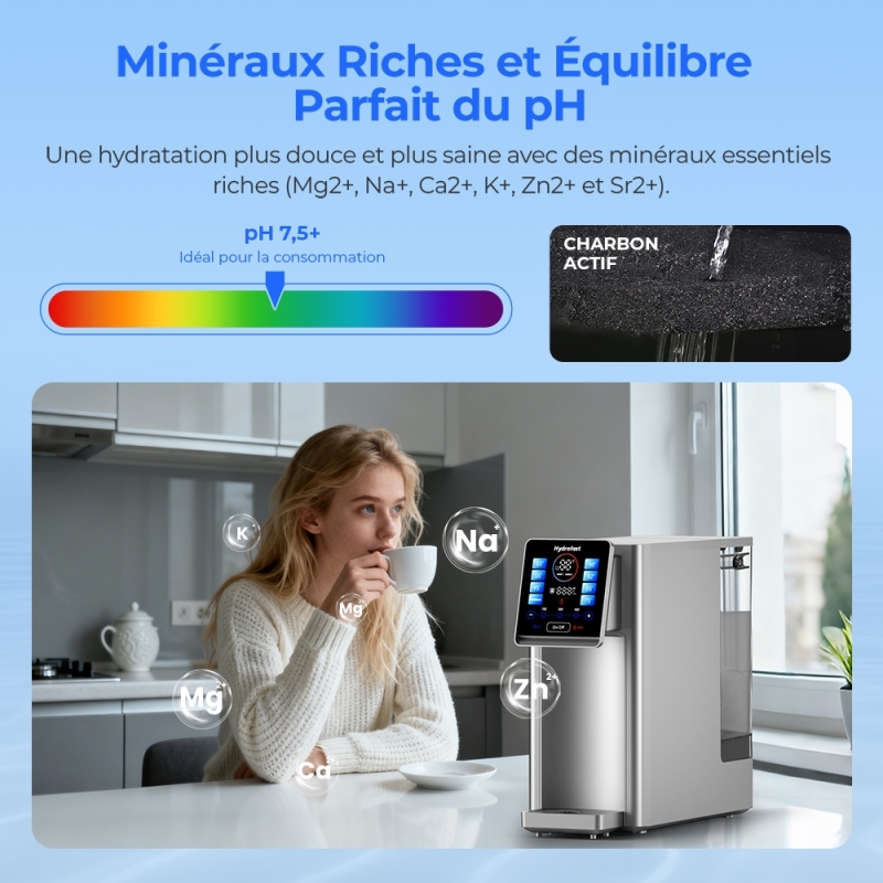 Hydrofast W100 Purificateur d'eau pour comptoir – 8 températures, filtration 6 étapes RO + UV, réservoir 4 L