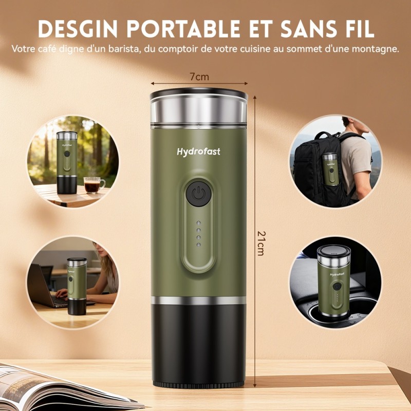 Machine à expresso portable Hydrofast PO-100  alimentée par batterie 9600mAh  pression de 20 bars  machine à café 2-en-1 po
