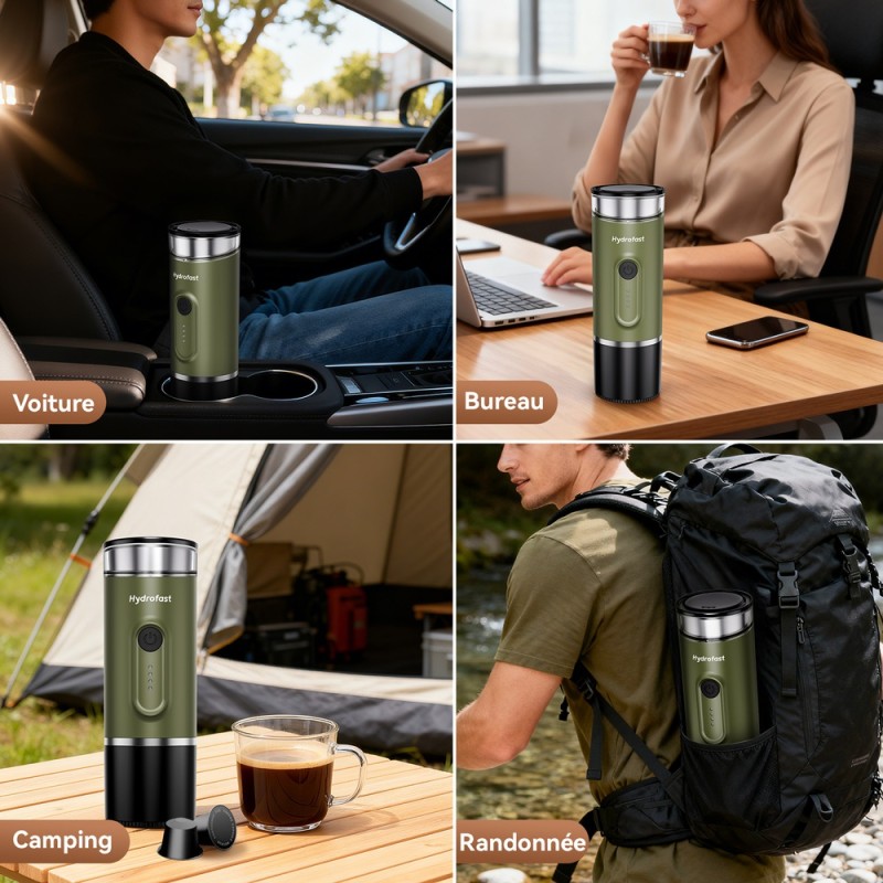 Machine à expresso portable Hydrofast PO-100  alimentée par batterie 9600mAh  pression de 20 bars  machine à café 2-en-1 po