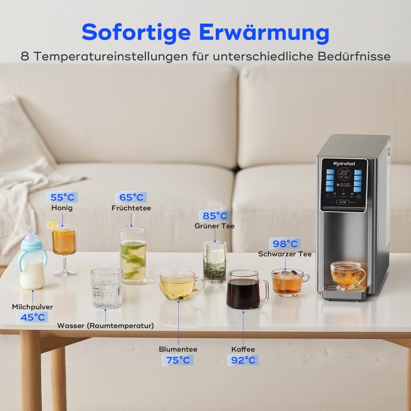 Hydrofast W100 Purificateur d'eau pour comptoir – 8 températures, filtration 6 étapes RO + UV, réservoir 4 L