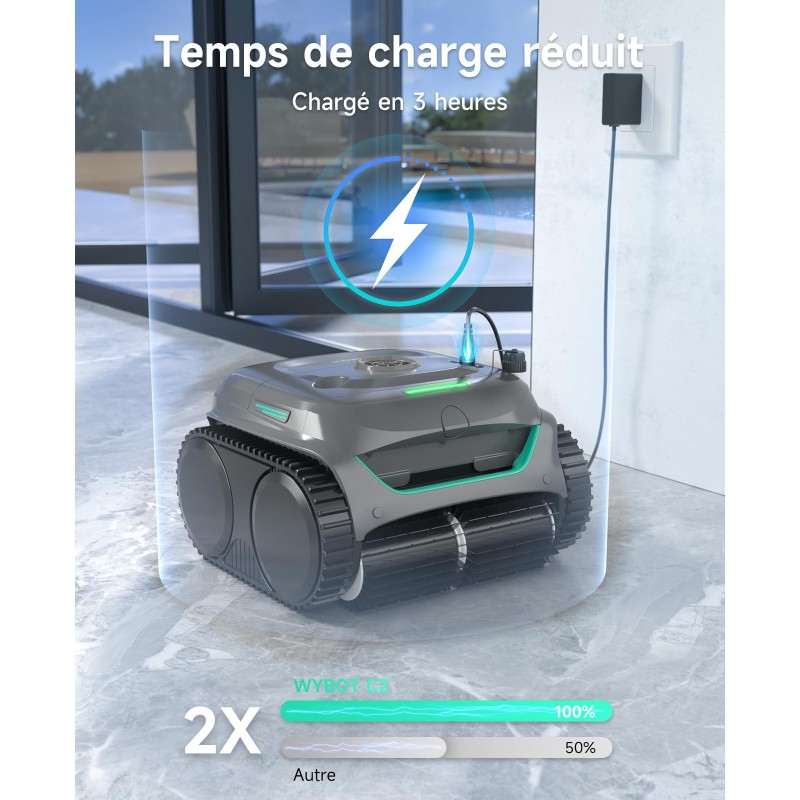 WYBOT C2 Robot de piscine sans fil – Nettoyage parois & ligne d'eau, double filtration, 180 min d'autonomie