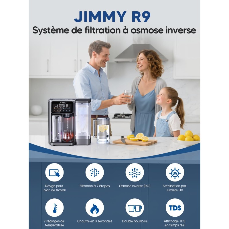 JIMMY R9 Purificateur d'eau par osmose inverse de comptoir purification en 7 étapes avec reminéralisation et stérilisation UV