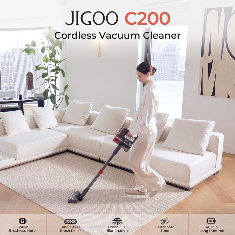 JIGOO C200 Aspirateur sans fil, aspiration de 23 KPa, autonomie de 40 min, 2 modes de fonctionnement